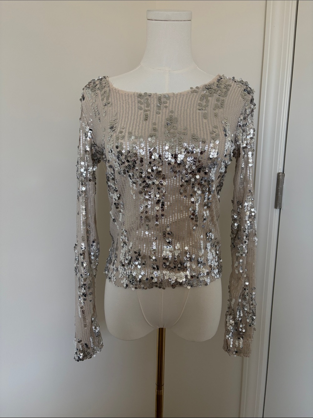 Madden Girl Beige Sequin Long-Sleeve Top